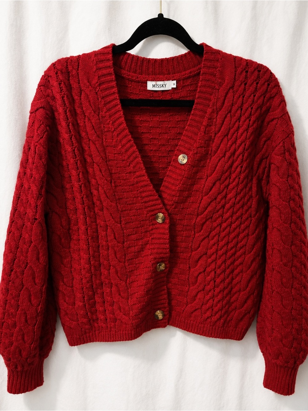 Missky Red Cable Knit Button-Front Sweater